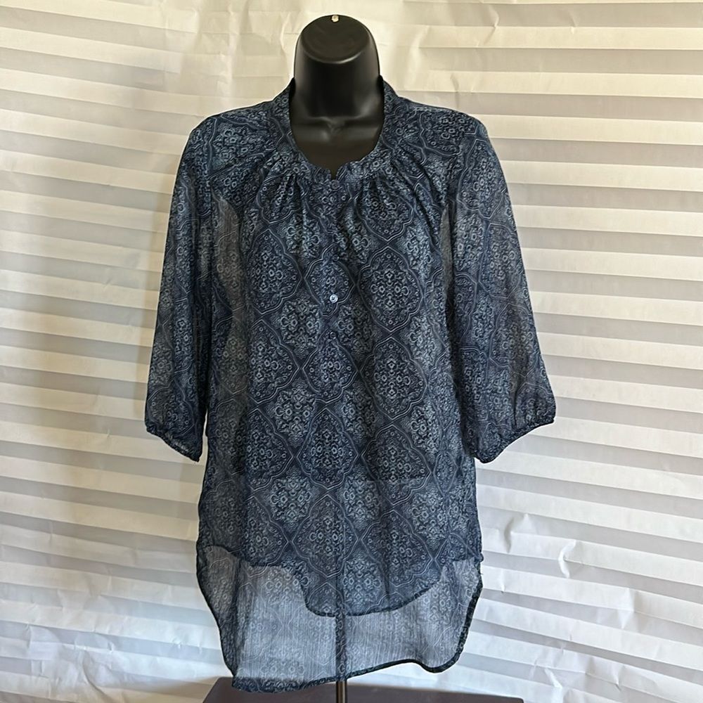Faded Glory Blue Floral Blouse – Size M, Sheer 3/4 Sleeve Women's Top